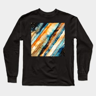 Orange Blue and Beige diagonal Stripes, alcohol ink pattern Long Sleeve T-Shirt
